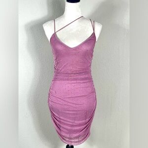 Pink Rhinestone Ruched Mini Dress